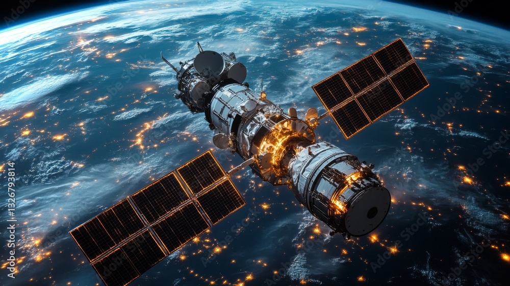 Poster A sophisticated satellite orbits Earth, transmitting telemetry data and GPS signals for global navigation and tracking. The illuminated landscape below showcases urban areas at night.
