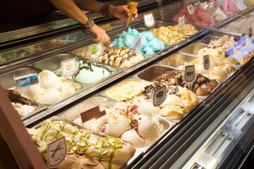 German people sell ice cream in ice cream shop at heidelberger market square in Heidelberg, Germany