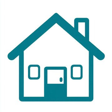 recommend clip art: Simple teal line drawing of a house with a chimney, door, and two windows.