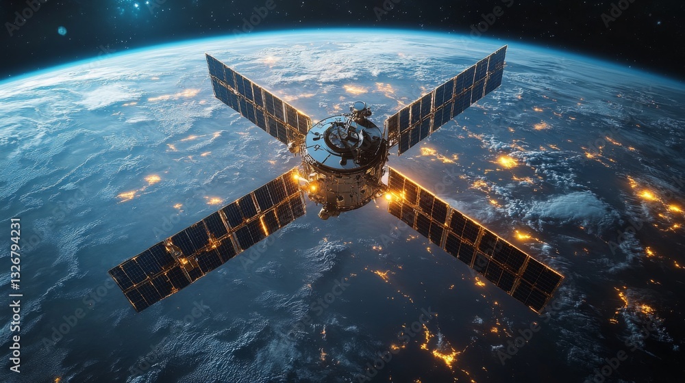 Poster A satellite orbits the Earth, transmitting telemetry data and GPS signals. It plays a crucial role in global positioning systems, enhancing tracking efficiency.