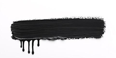 Black paint brush stroke in a long rectangular stripe shape and smooth texture with dripping bottom end on white background