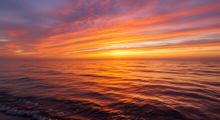 A stunning sunset over the ocean, with warm orange and pink hues reflecting on the water.