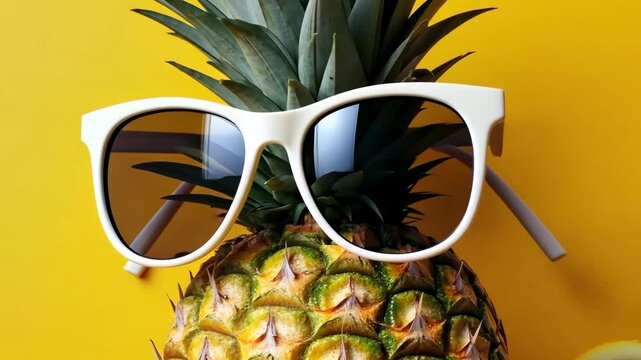 This vibrant image features a cheerful pineapple wearing stylish sunglasses against a bright yellow background, perfectly capturing the essence of joyful summer vacations and tropical getaways