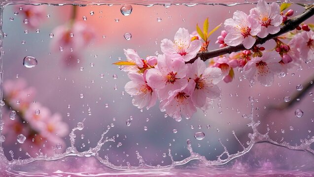 Delicate cherry blossoms framed by water droplet splashes