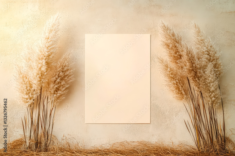 Poster white frame with a white background and a bunch of straws in the background. the frame is empty and 