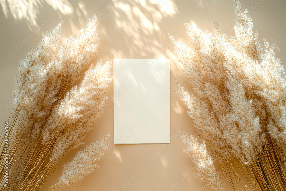 Poster white frame with a white background and a bunch of straws in the background. the frame is empty and 