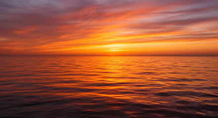 A stunning sunset over the ocean, with warm orange and pink hues reflecting on the water.