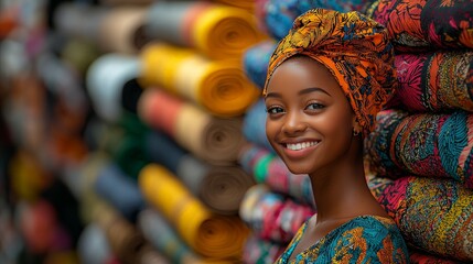 Fototapeta premium Woman smiles in fabric shop, vibrant display