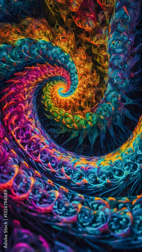 Poster colorful psychedelic spiral design representing neural network art.