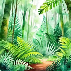 Watercolor painting of a prehistoric jungle path with lush green ferns, creating a serene and ancient atmosphere