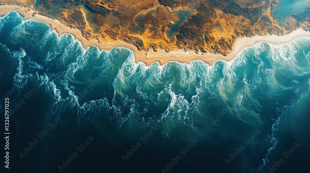 Poster Satellite technology monitors ocean waves and shoreline patterns, providing critical data for geospatial analysis and environmental monitoring.