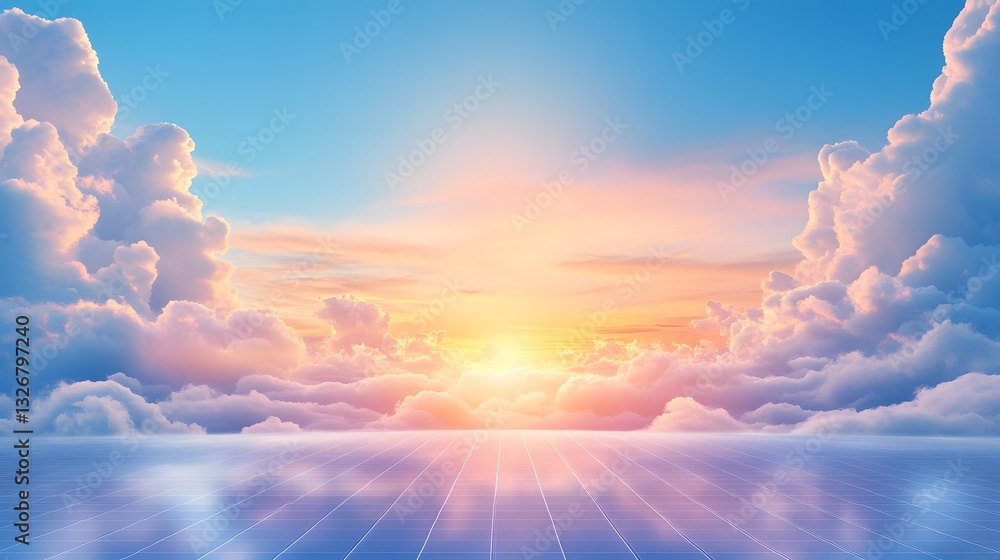 Poster a serene sunset over a reflective surface, with vibrant clouds and soft colors creating a peaceful a
