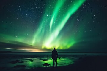 picture embodies dazzling glory of aurora borealis as someone stands amazed below heavenly beams lighting a strong sense of awe and a personal link with the universe
