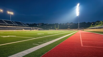 Obraz premium Nighttime football stadium view from the field, glowing lights, blurred background, capturing the essence of sports energy. 