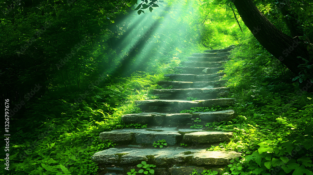 Poster A serene stone staircase leads through a lush forest, illuminated by soft rays of sunlight filtering through the trees