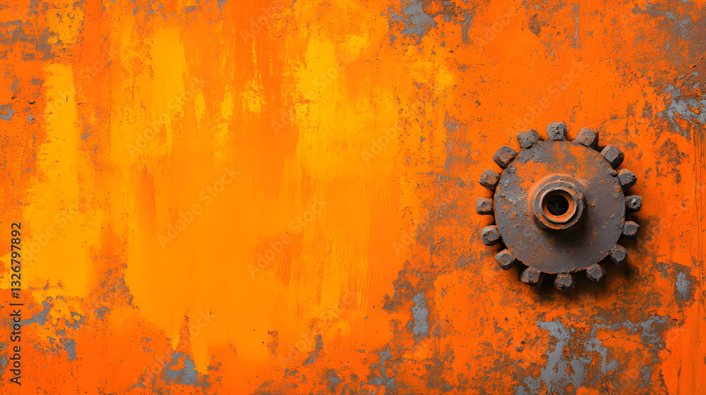 Poster an abstract close-up of a rusty gear against a vibrant orange backdrop, showcasing texture and color