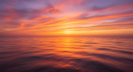 A stunning sunset over the ocean, with warm orange and pink hues reflecting on the water.