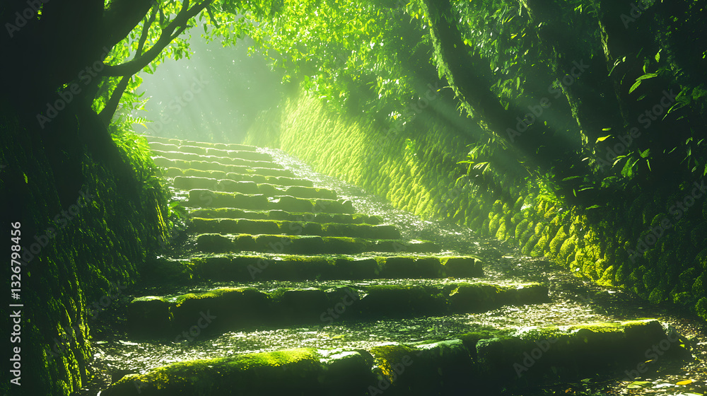 Poster A serene pathway of moss-covered steps illuminated by soft sunlight, surrounded by lush greenery, creating a tranquil atmosphere in nature