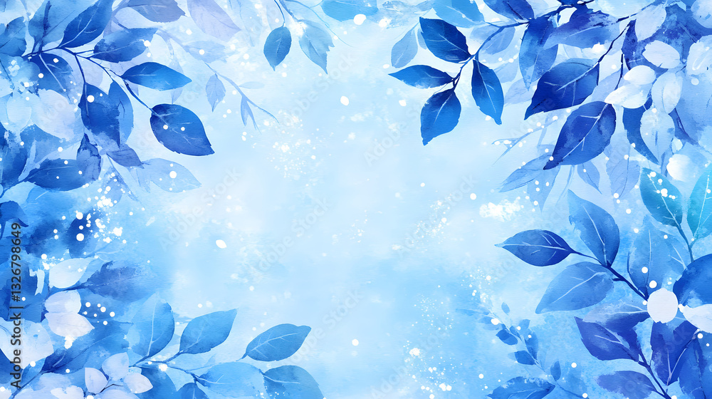 Poster a serene watercolor background featuring blue leaves and an ethereal glow, creating a calming and tr
