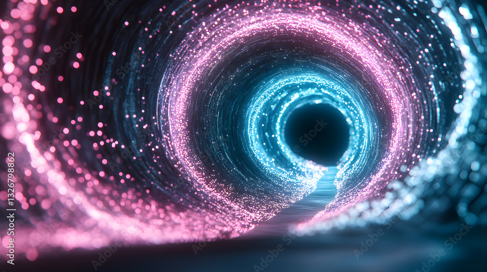 Poster a vibrant, abstract tunnel of swirling blue and pink lights, creating an illusion of depth and motio