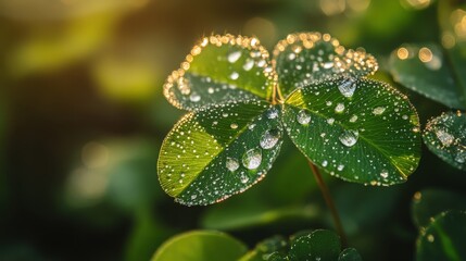 Fototapeta premium A close-up shot of a four-leaf clover with dewdrops sparkling in the morning light