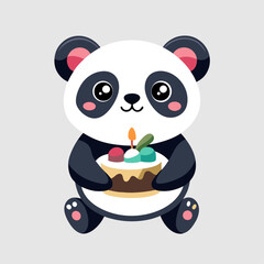 Obraz premium Adorable Cartoon Panda Holding a Small Birthday Cake with a Lit Candle, Sitting Against a Light Gray Background