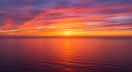 A stunning sunset over the ocean, with warm orange and pink hues reflecting on the water.