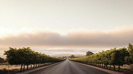 Obraz premium Serene Road Through Lush Vineyard with Calm Sky and Scenic Landscape During Golden Hour