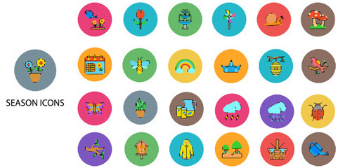 Season simple concept 24 colour icons set. Contains such hot, rain, sun, symbol, forecast, thunder .Vector illustration.