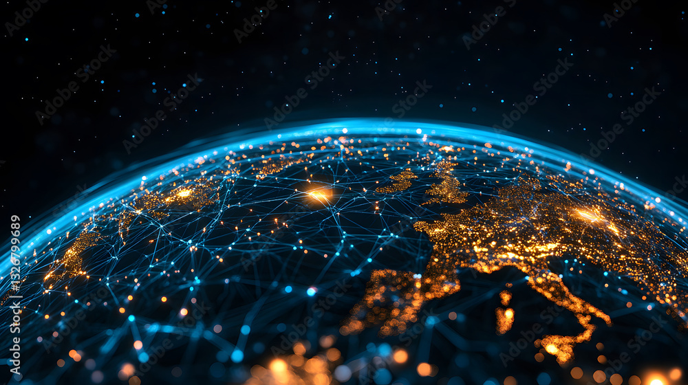 Poster a stunning view of earth at night, showcasing illuminated cities connected by a web of lights agains