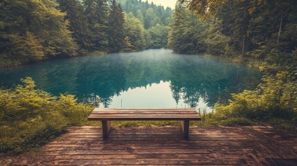 Obraz premium Serene Lakeside View with Wooden Bench Surrounded by Lush Green Trees in Tranquil Nature