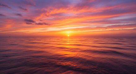 A stunning sunset over the ocean, with warm orange and pink hues reflecting on the water.