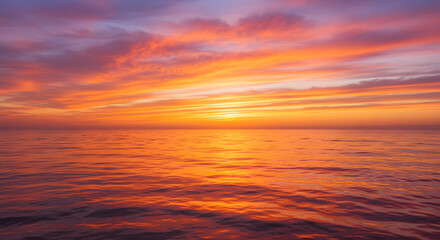 A stunning sunset over the ocean, with warm orange and pink hues reflecting on the water.