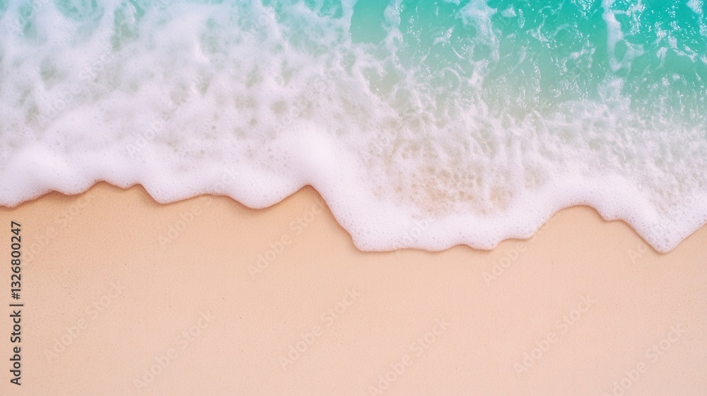 Poster soft ocean waves gently lapping on a sandy beach, creating a tranquil scene of light teal water and 