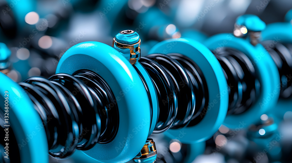 Poster a close-up image of mechanical springs featuring a vibrant blue color, showcasing intricate details 