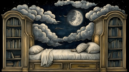 Bed, bookshelves, moonlit cloudscape, dreamscape