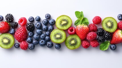 Fresh assortment of colorful berries and kiwi slices