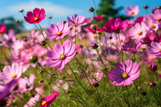 Field of pink flowers with yellow centers. The flowers are in full bloom and are scattered throughout the field. Scene is peaceful and serene, as the flowers are a beautiful and calming sight