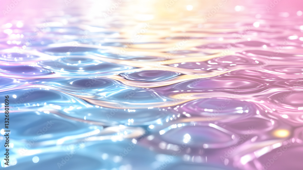 Poster a shimmering surface of water with soft pastel colors reflecting light, creating an ethereal and tra
