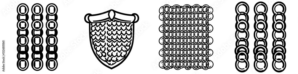 Poster detailed illustrations showing various types of chain mail patterns and designs on a white backgroun