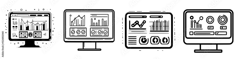 Poster collection of digital monitors displaying diverse data visualizations at a tech workspace
