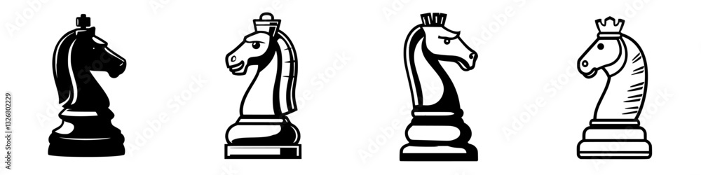 Poster different designs of knight pieces used in chess highlighting their unique forms and styles