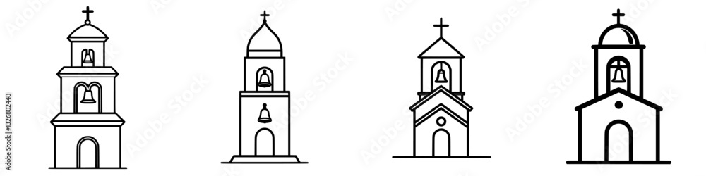 Poster different styles of bell towers designed with simple lines and minimalistic features showcasing arch