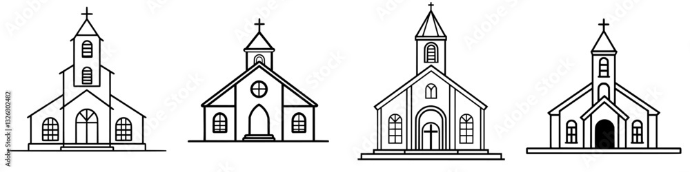 Poster various architectural designs of churches featuring distinct styles and structures in a simplistic b
