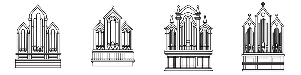 Intricate designs of historic pipe organs displayed in various styles against a white background