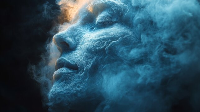 A serene visage appears within swirling blue mist, evoking a sense of peace and ethereal beauty in a mystical setting