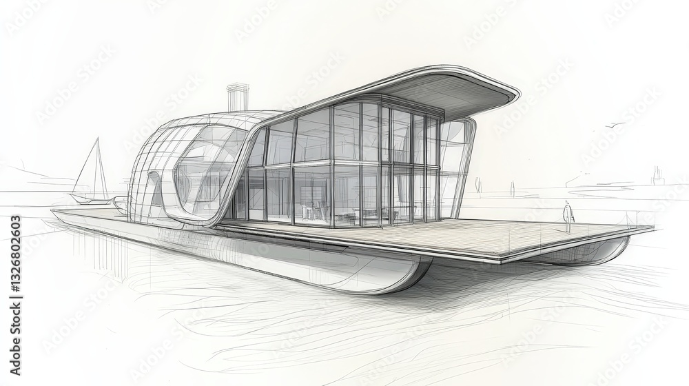 Poster a construction sketch of a futuristic floating house with energy-efficient features