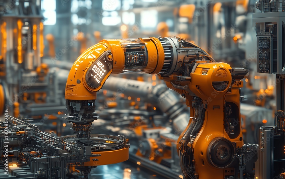 Poster futuristic smart factory featuring ai systems, robotics, and iot technology optimizing production, h