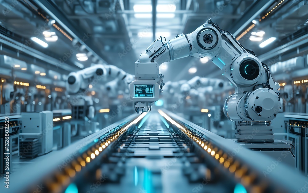 Poster futuristic smart factory featuring ai systems, robotics, and iot technology optimizing production, h