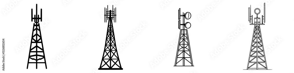Poster different styles of telecommunications towers illustrating signal transmission functionality and des